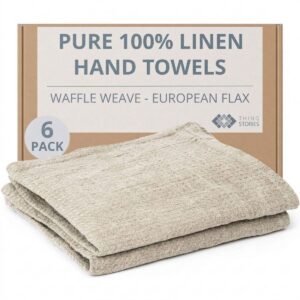 100% flax linen waffle weave hand towels 6-pack in natural color, 14x28 inches, OEKO-TEX certified, made in Lithuania
