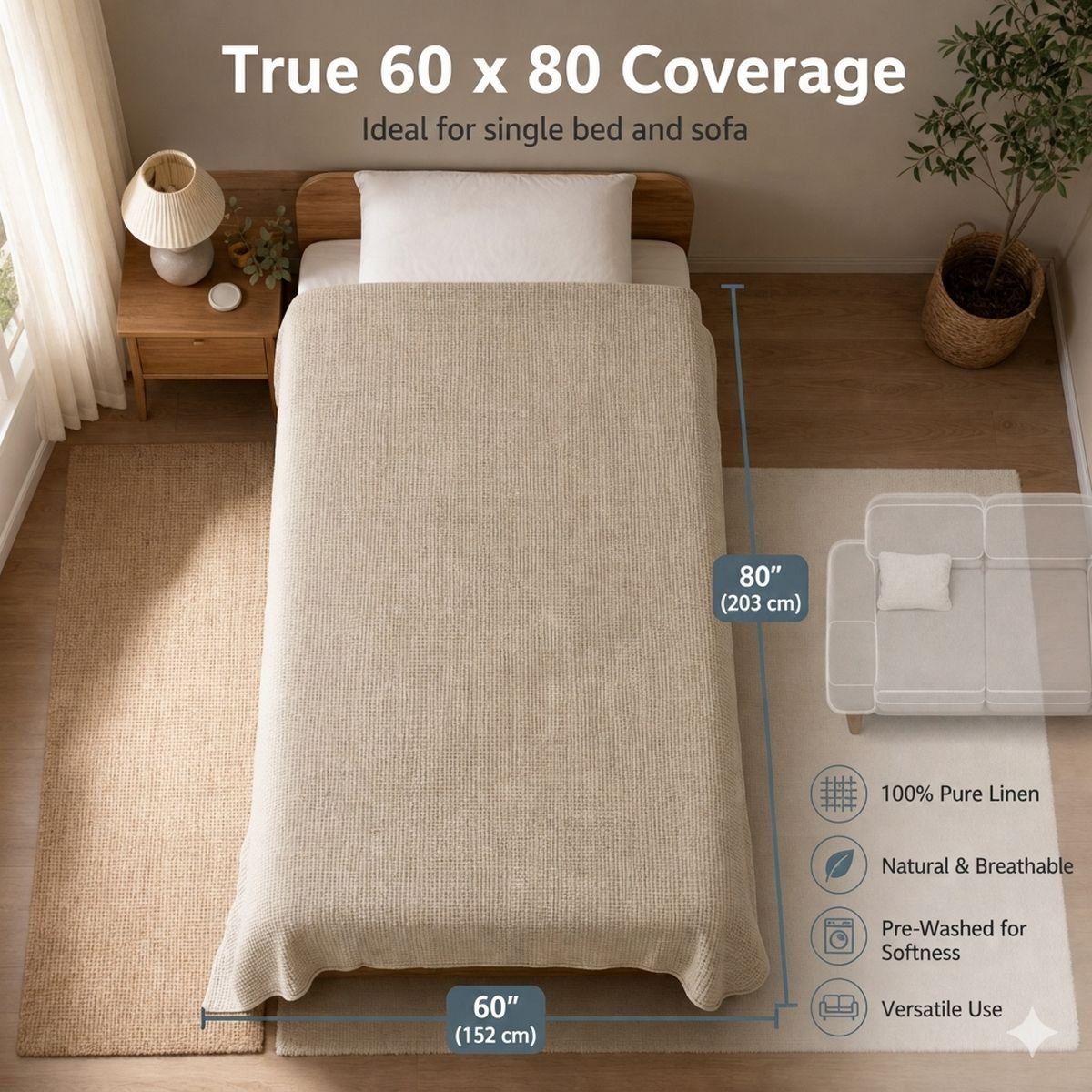 True 60 by 80 inch coverage natural linen blanket shown on a single bed and sofa, 100% pure linen, naturally breathable