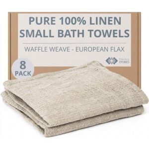 100% flax linen waffle weave small bath towels 8-pack in natural color, 20x40 inches, OEKO-TEX certified, made in Lithuania
