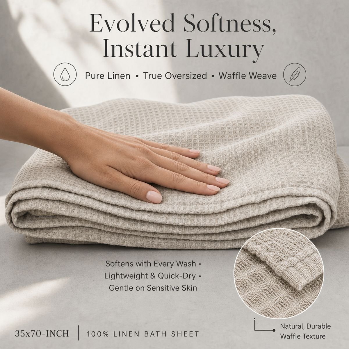Evolved softness, instant luxury: 35x70-inch natural linen bath sheet with hand-touch and waffle texture detail