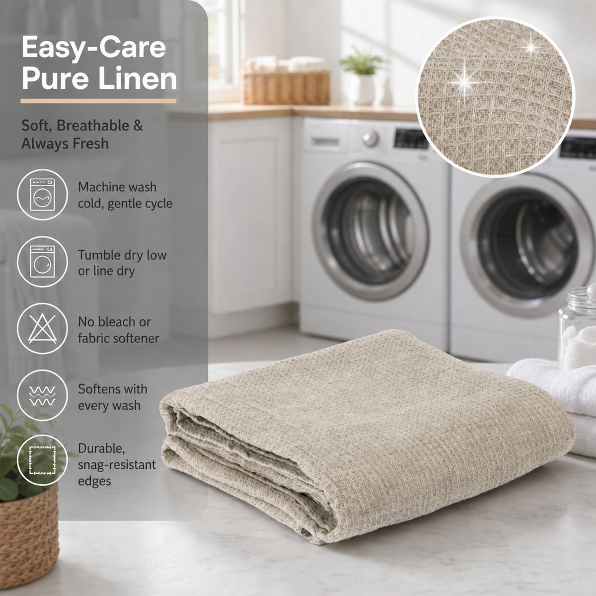 Easy-care pure linen blanket: machine wash cold gentle cycle, tumble dry low or line dry, softens with every wash, durable snag-resistant edges