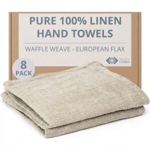 100% flax linen waffle weave hand towels 8-pack in natural color, 14x28 inches, OEKO-TEX certified, made in Lithuania