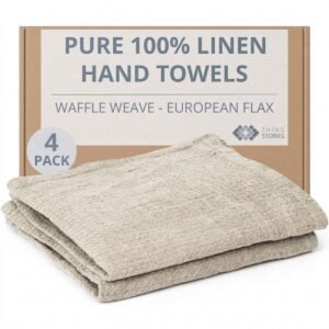 100% flax linen waffle weave hand towels 4-pack in natural color, 14x28 inches, OEKO-TEX certified, made in Lithuania