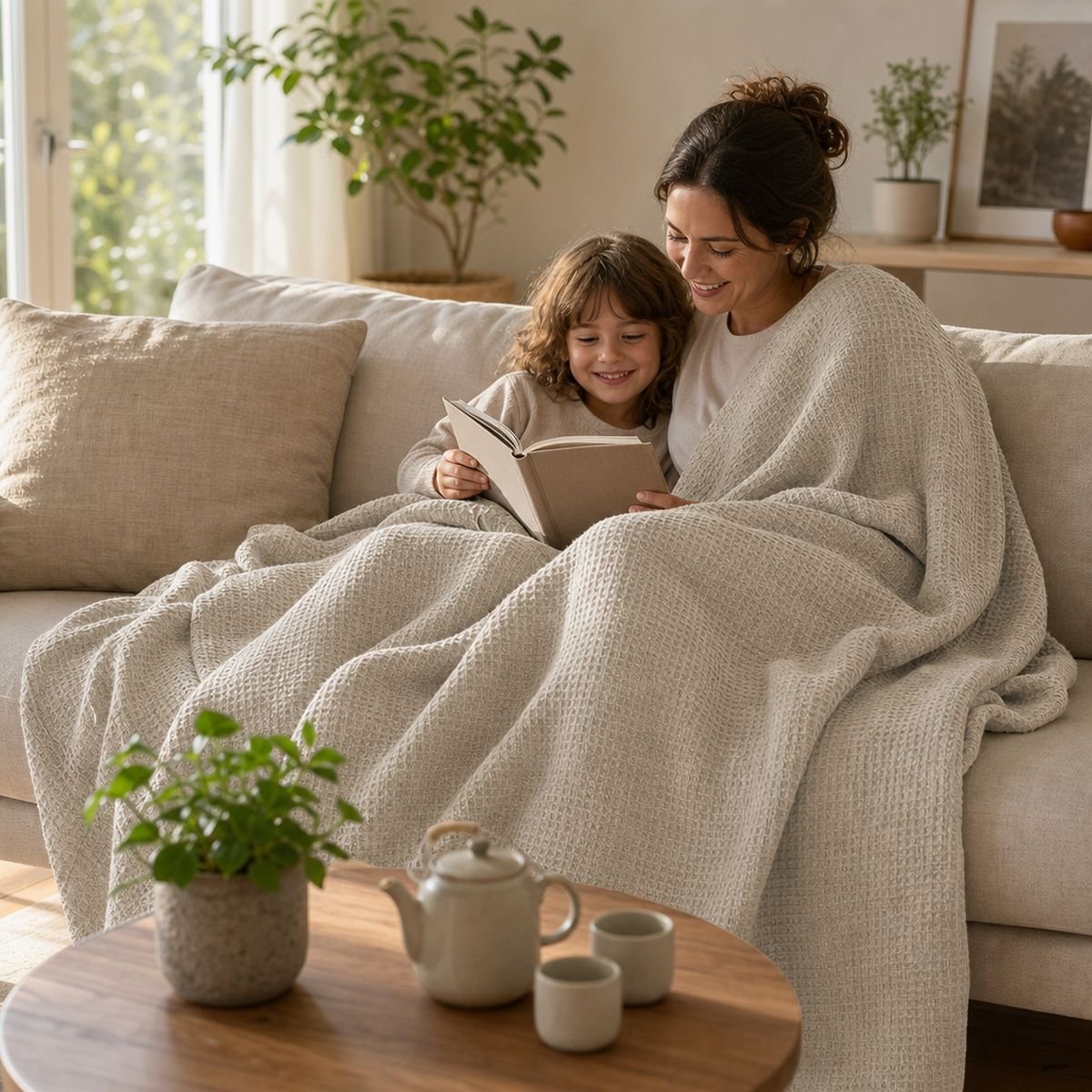 Cozy lifestyle scene: mother and child reading a book on a sofa wrapped in a soft natural linen waffle weave blanket