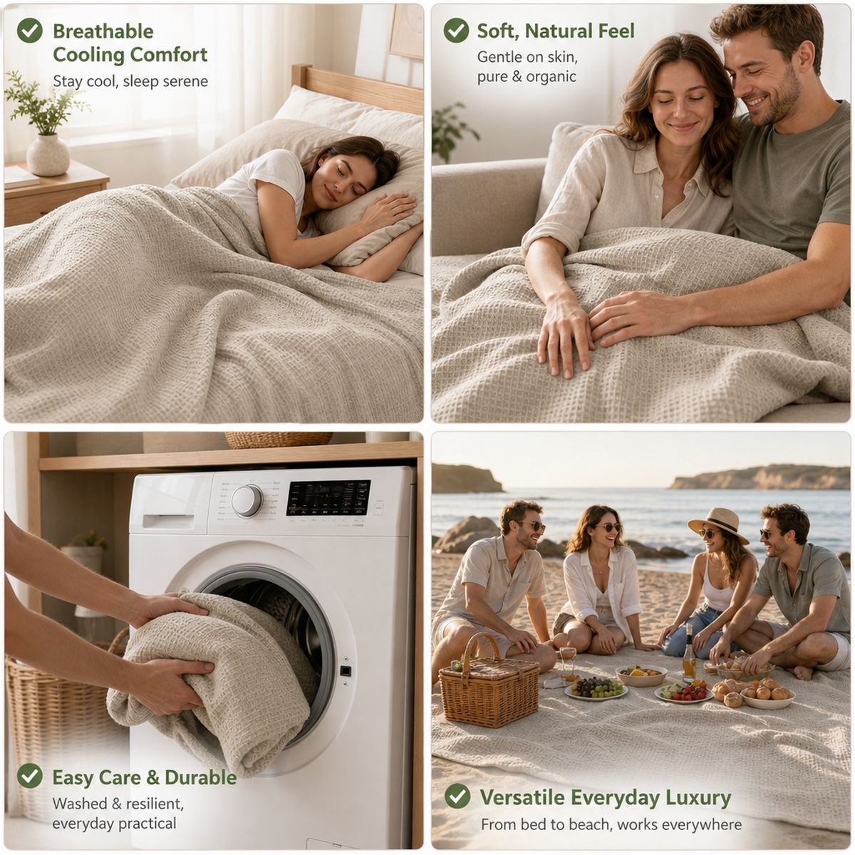 Four-panel feature grid: breathable cooling comfort, soft natural feel, easy care and durable, versatile everyday luxury from bed to beach