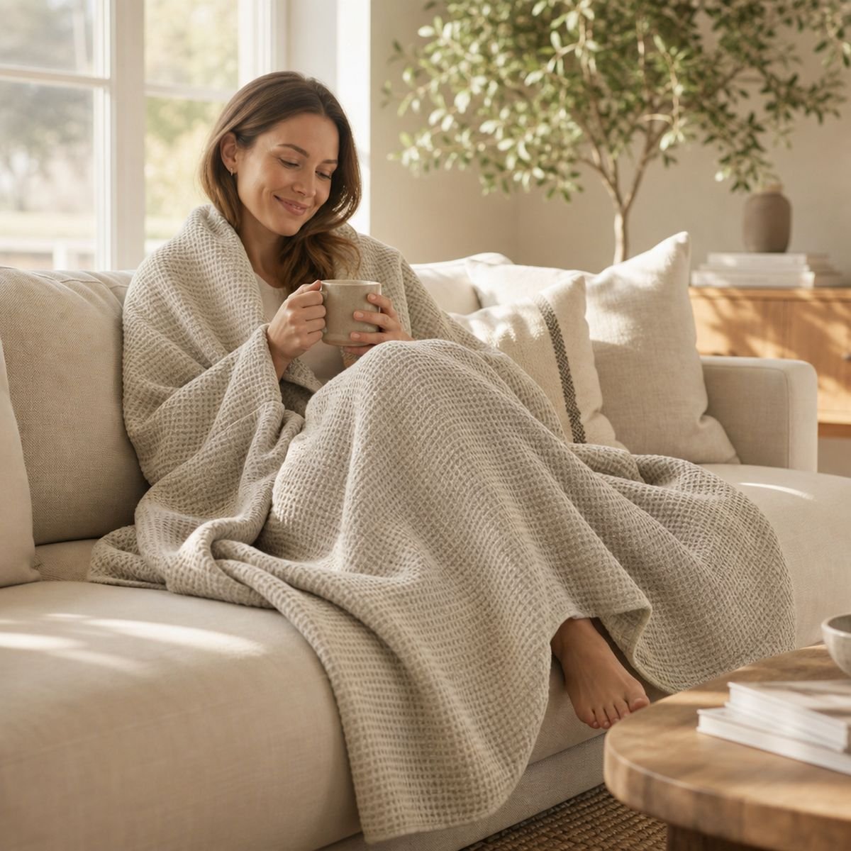 Woman relaxing on a couch with a cup of coffee wrapped in a soft natural flax linen blanket