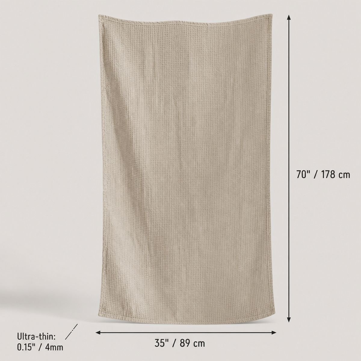 Natural linen bath sheet shown at 35 by 70 inches (89 by 178 cm), ultra-thin 4mm waffle weave