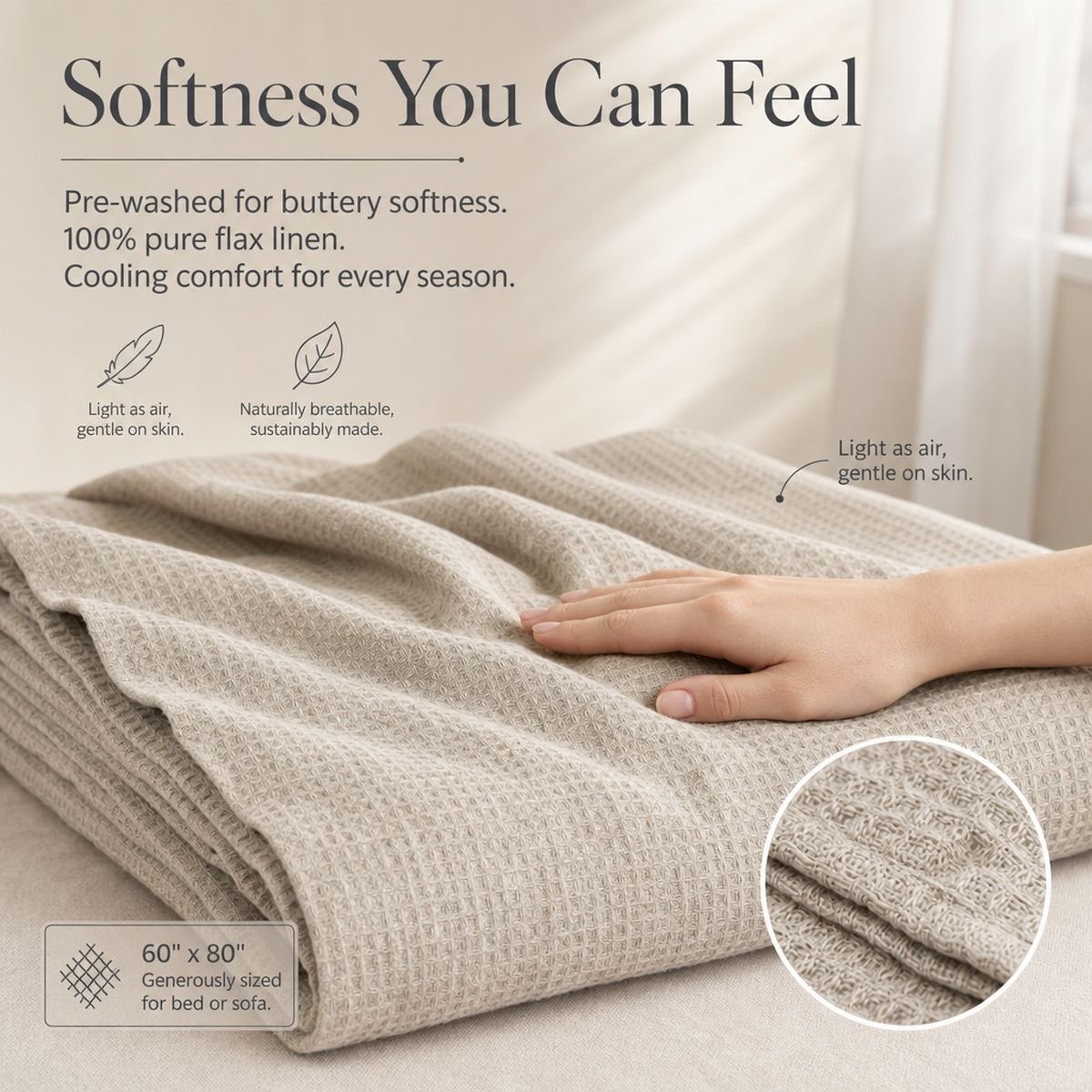 Softness you can feel: 60 by 80 inch pre-washed natural linen blanket, light as air and naturally breathable with waffle weave detail