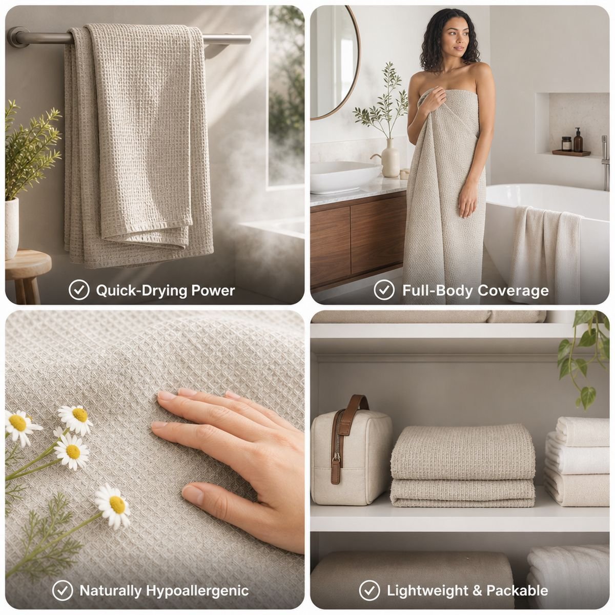 Linen bath sheet features: quick-drying power, full-body coverage, naturally hypoallergenic, lightweight and packable
