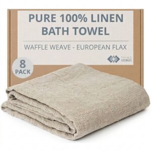 100% flax linen waffle weave bath towels 8-pack in natural color, OEKO-TEX certified, made in Lithuania