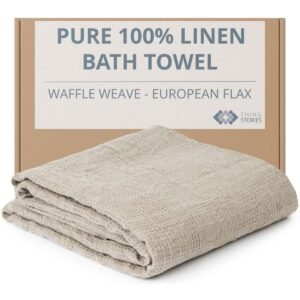 100% flax linen waffle weave bath towel in natural color, folded with branded box, OEKO-TEX certified, made in Lithuania