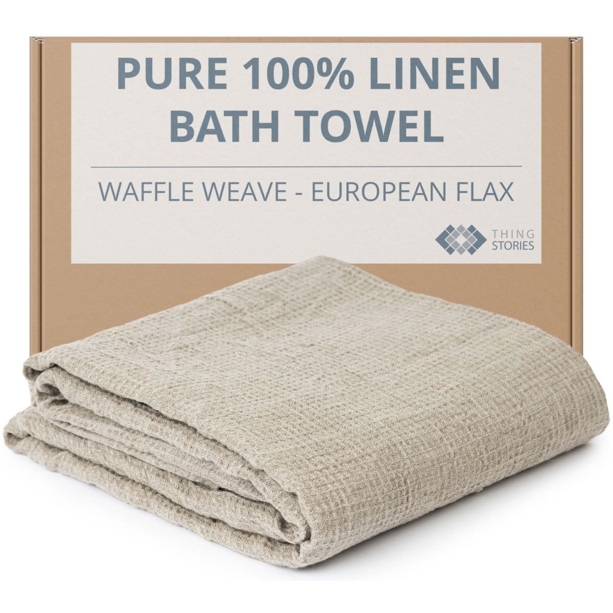 100% flax linen waffle weave bath towel in natural color, folded with branded box, OEKO-TEX certified, made in Lithuania