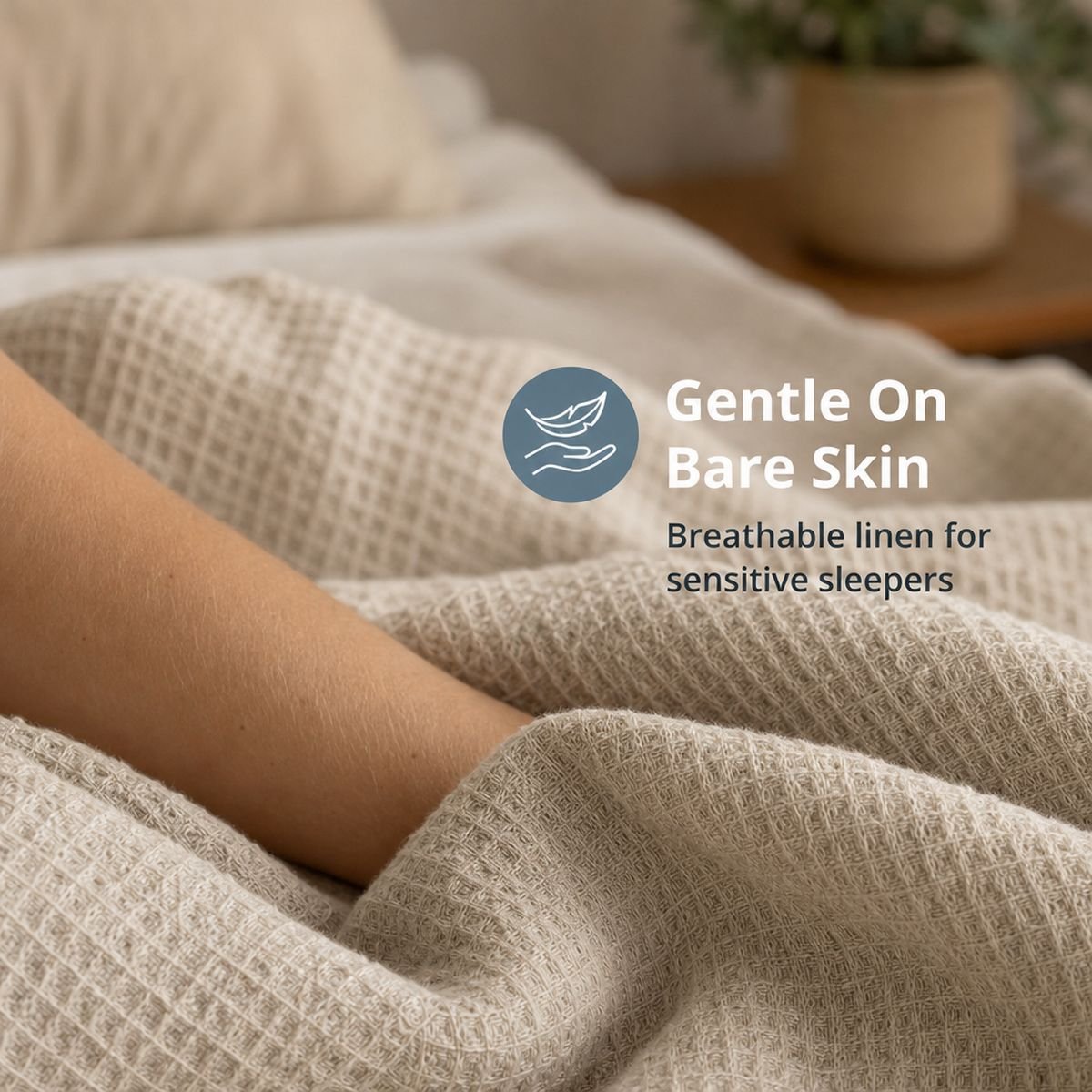 Gentle on bare skin: breathable natural linen blanket for sensitive sleepers, close-up waffle weave detail on a bed