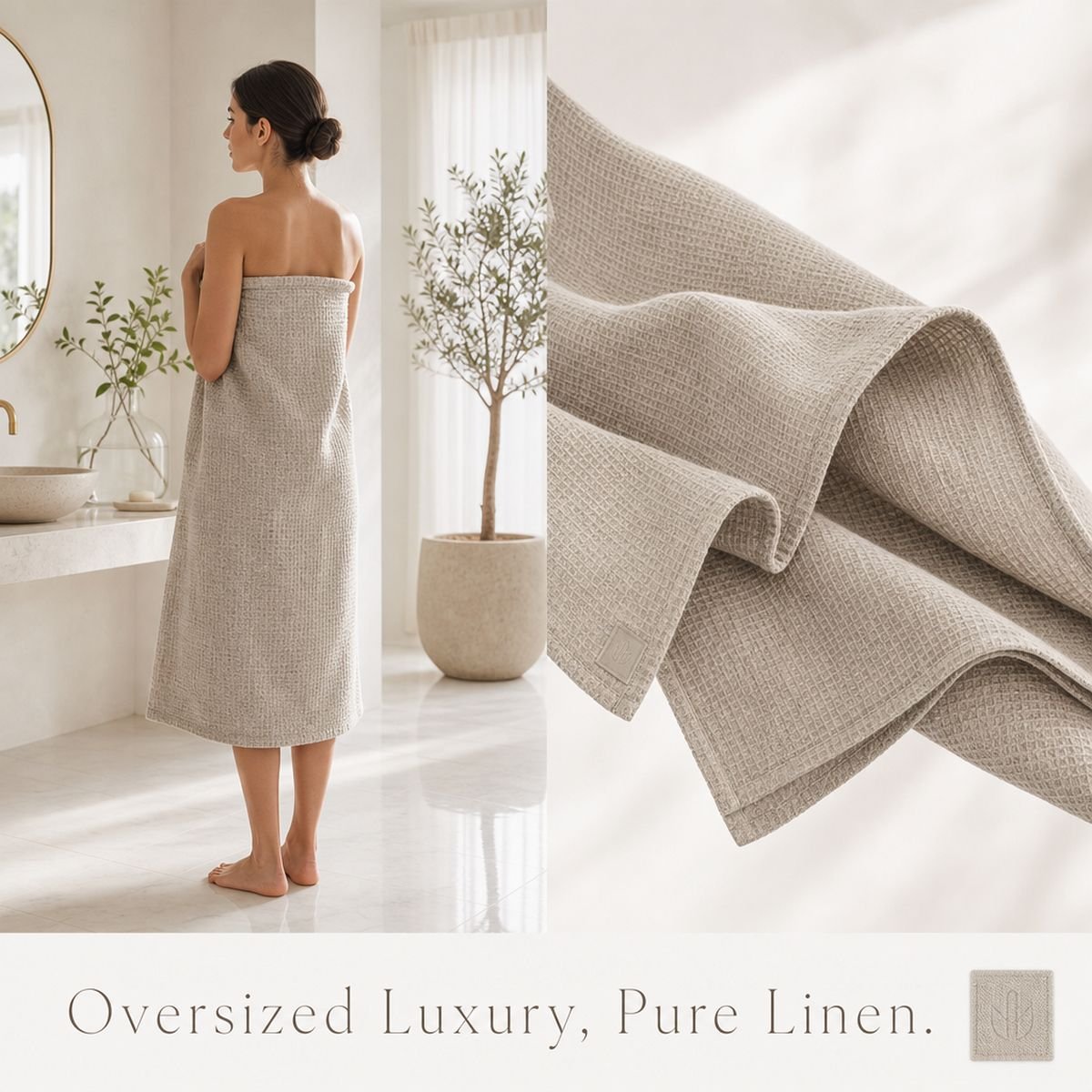 Oversized luxury pure linen bath sheet wrapping a woman, soft waffle weave drape detail