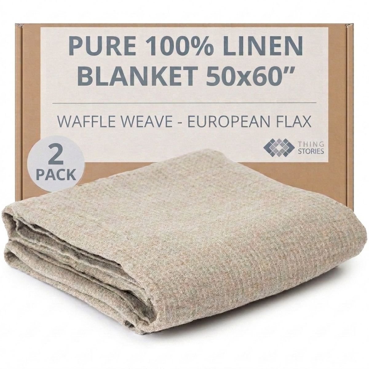 100% flax linen waffle weave throw blankets 2-pack 50x60 inches in natural color, OEKO-TEX certified, made in Lithuania