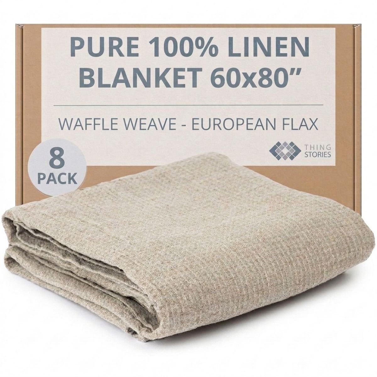 100% flax linen waffle weave blankets 8-pack 60x80 inches in natural color, OEKO-TEX certified, made in Lithuania