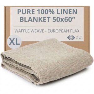 100% flax linen waffle weave throw blanket (XL) 50x60 inches in natural color, OEKO-TEX certified, made in Lithuania