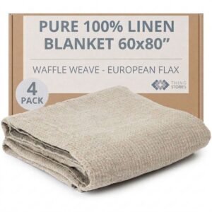 100% flax linen waffle weave blankets 4-pack 60x80 inches in natural color, OEKO-TEX certified, made in Lithuania
