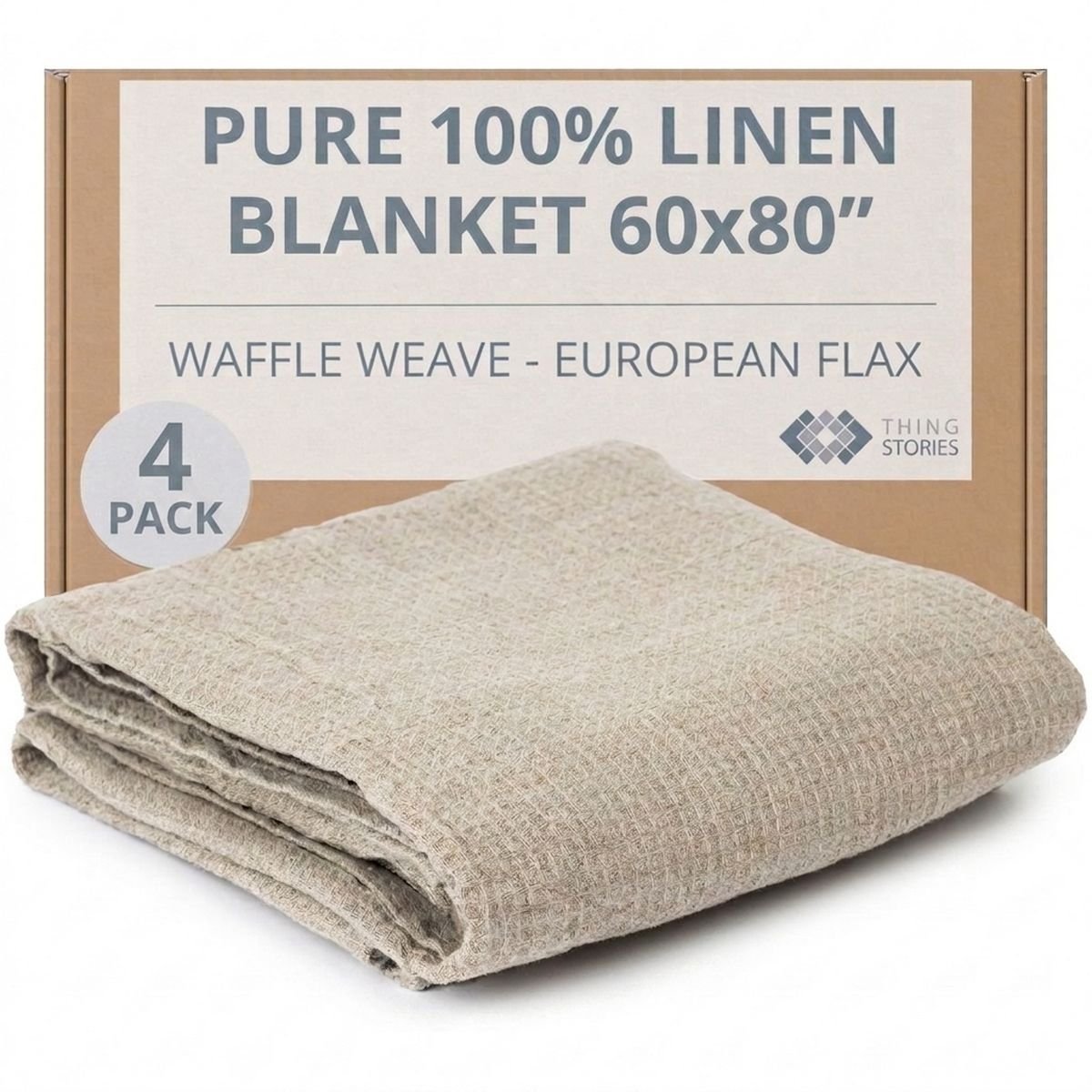 100% flax linen waffle weave blankets 4-pack 60x80 inches in natural color, OEKO-TEX certified, made in Lithuania