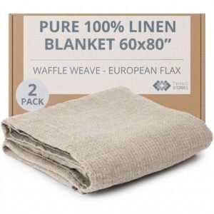 100% flax linen waffle weave blankets 2-pack 60x80 inches in natural color, OEKO-TEX certified, made in Lithuania