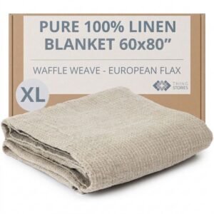 100% flax linen waffle weave blanket (XL) 60x80 inches in natural color, OEKO-TEX certified, made in Lithuania