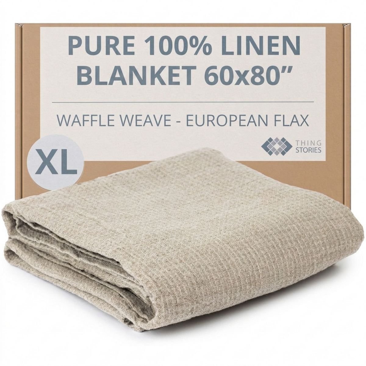 100% flax linen waffle weave blanket (XL) 60x80 inches in natural color, OEKO-TEX certified, made in Lithuania