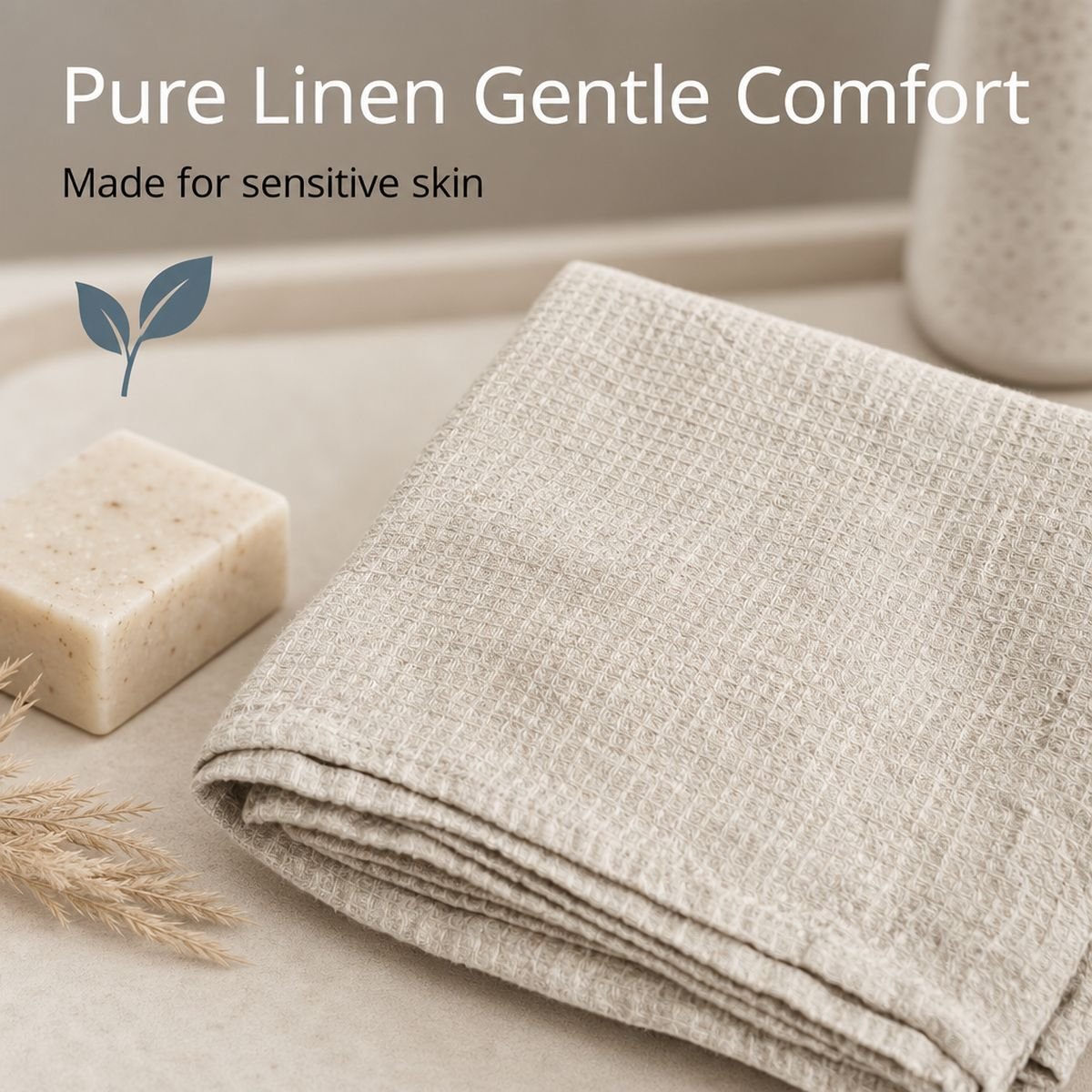 Pure linen gentle comfort made for sensitive skin: folded natural bath sheet with handmade soap