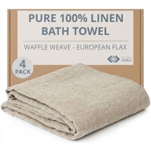 100% flax linen waffle weave bath towels 4-pack in natural color, OEKO-TEX certified, made in Lithuania