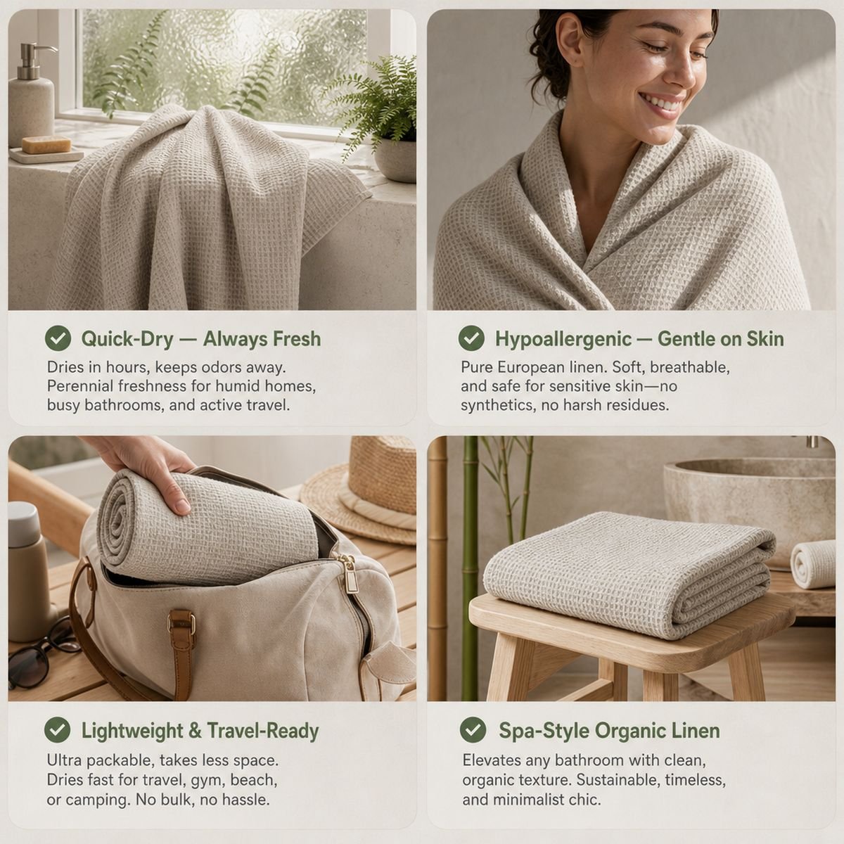 Linen bath towel features: quick-dry, hypoallergenic, lightweight and travel-ready, spa-style organic linen