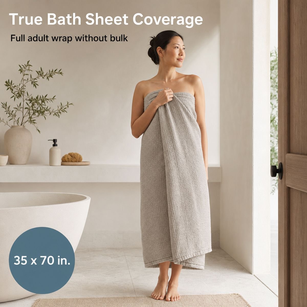 True bath sheet coverage at 35 by 70 inches: full adult wrap without bulk in a serene bathroom
