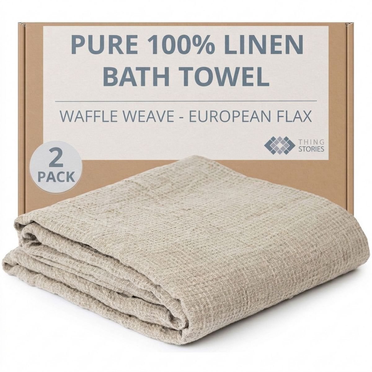 100% flax linen waffle weave bath towels 2-pack in natural color, OEKO-TEX certified, made in Lithuania
