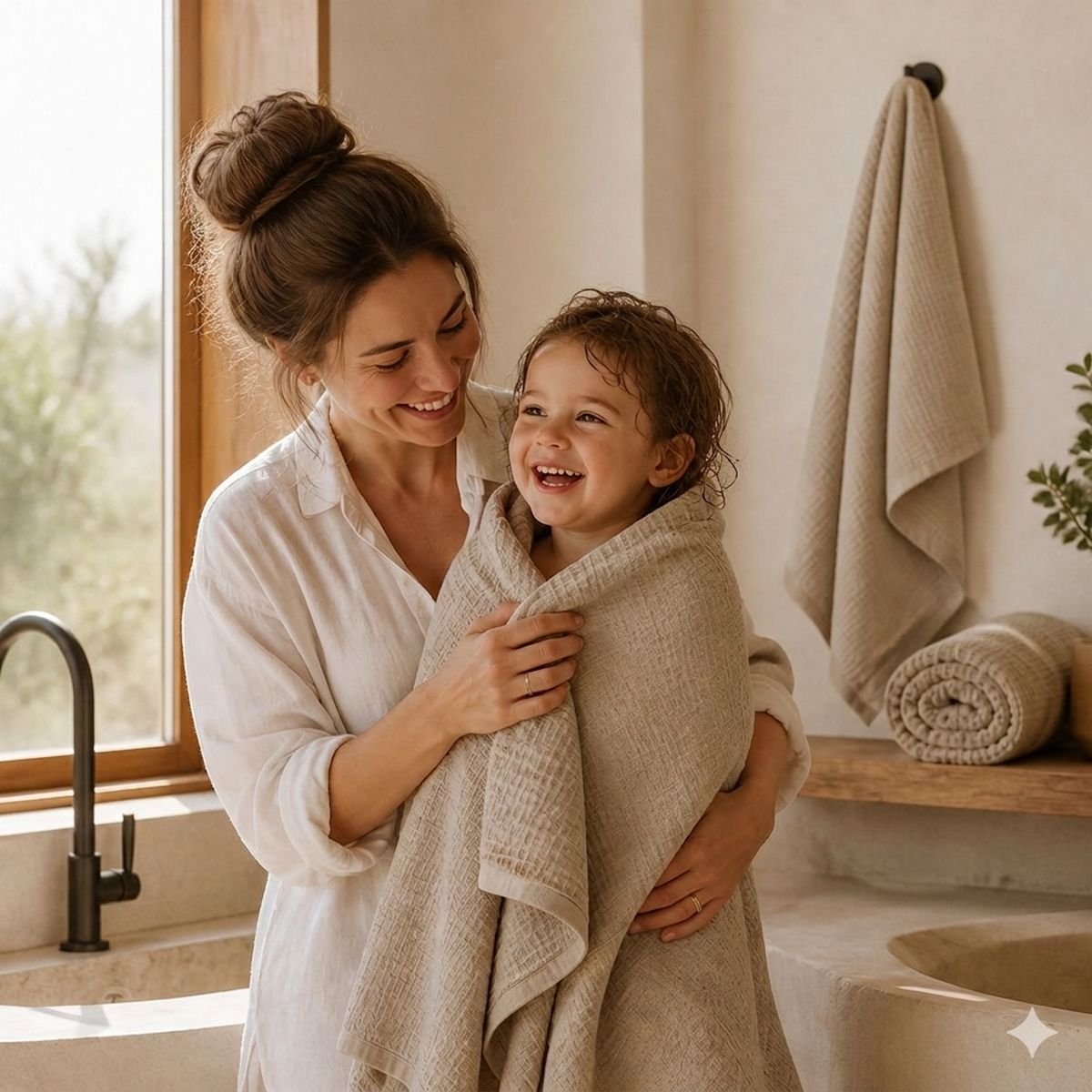 Mother wrapping a smiling child in a soft natural flax linen bath towel after a bath