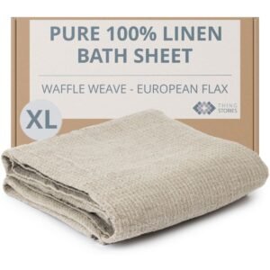 100% flax linen waffle weave bath sheet (XL oversized) in natural color, 35x70 inches, OEKO-TEX certified, made in Lithuania