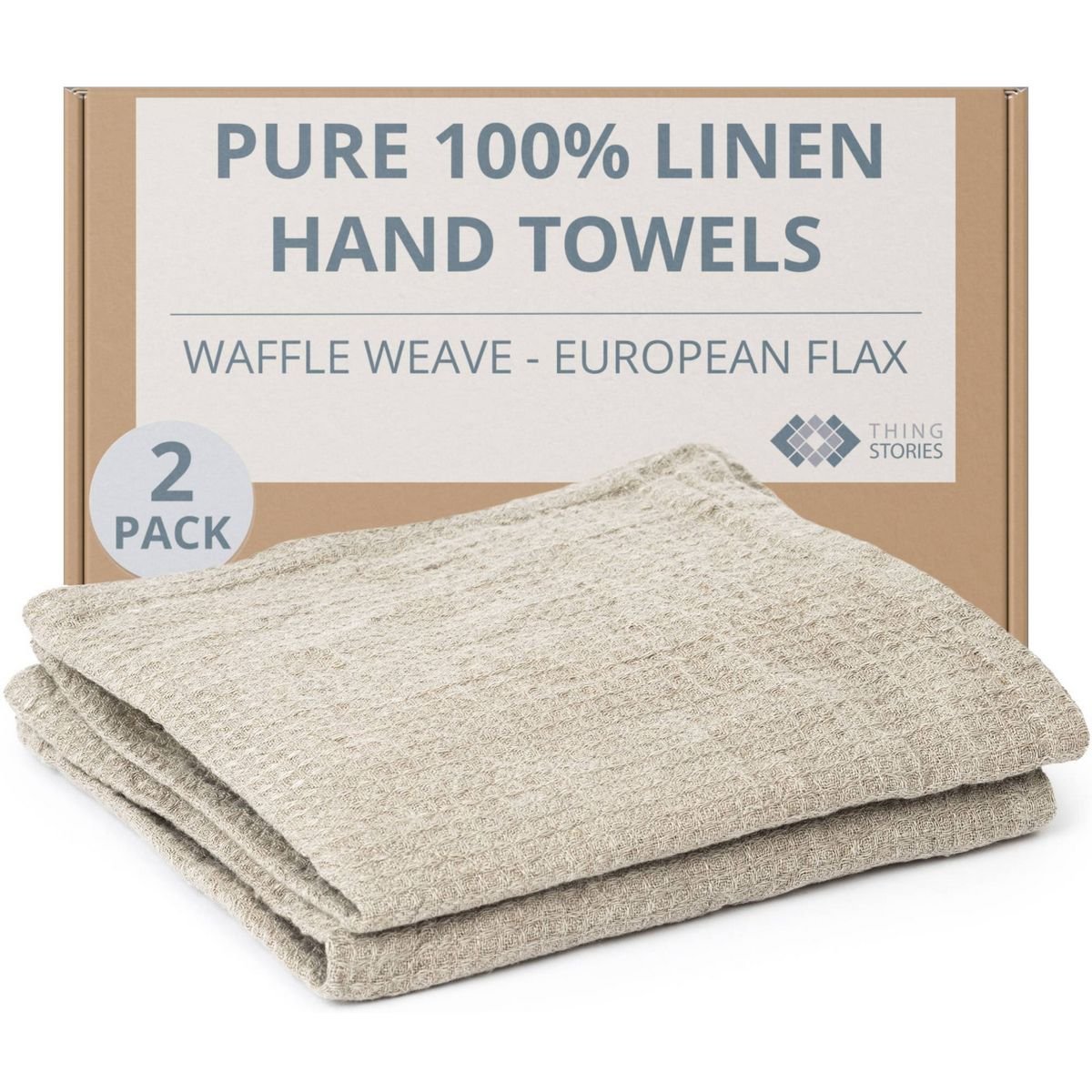 100% flax linen waffle weave hand towels 2-pack in natural color, 14x28 inches, OEKO-TEX certified, made in Lithuania