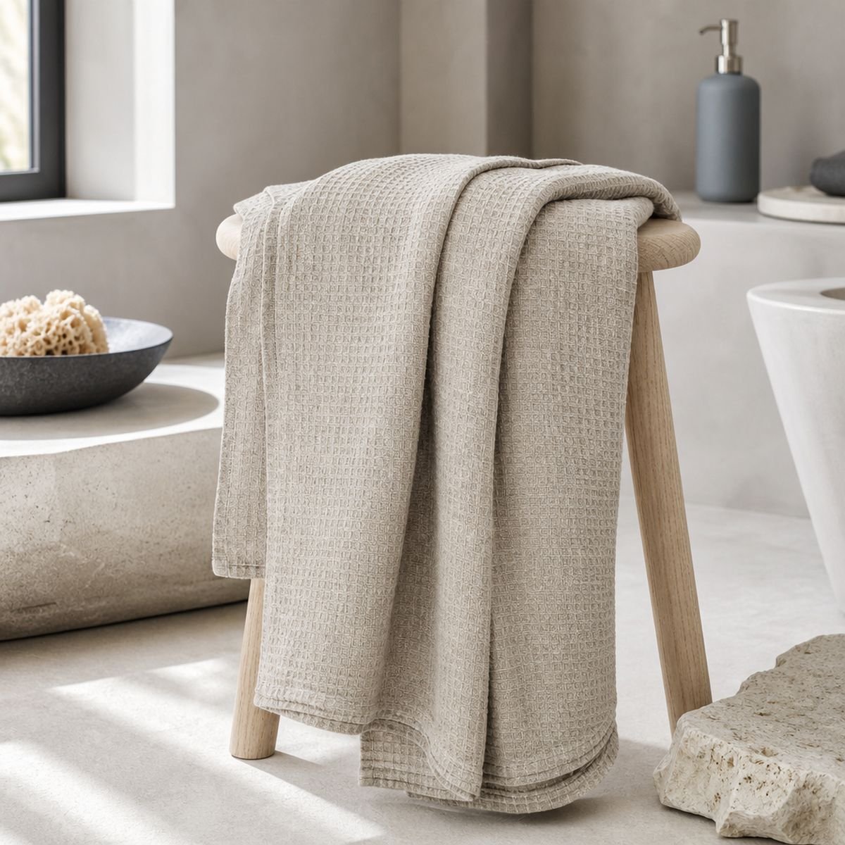 Natural linen waffle weave bath towel draped over a wooden stool in a minimalist bathroom