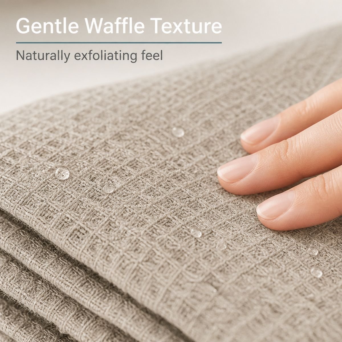 Close-up of gentle waffle weave texture on a natural flax linen bath towel, naturally exfoliating
