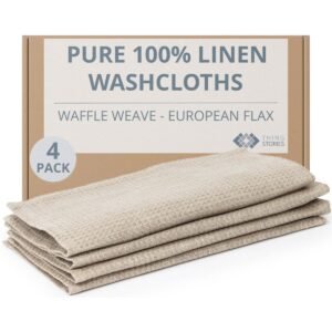 100% flax linen waffle weave washcloths 4-pack in natural color, OEKO-TEX certified, made in Lithuania
