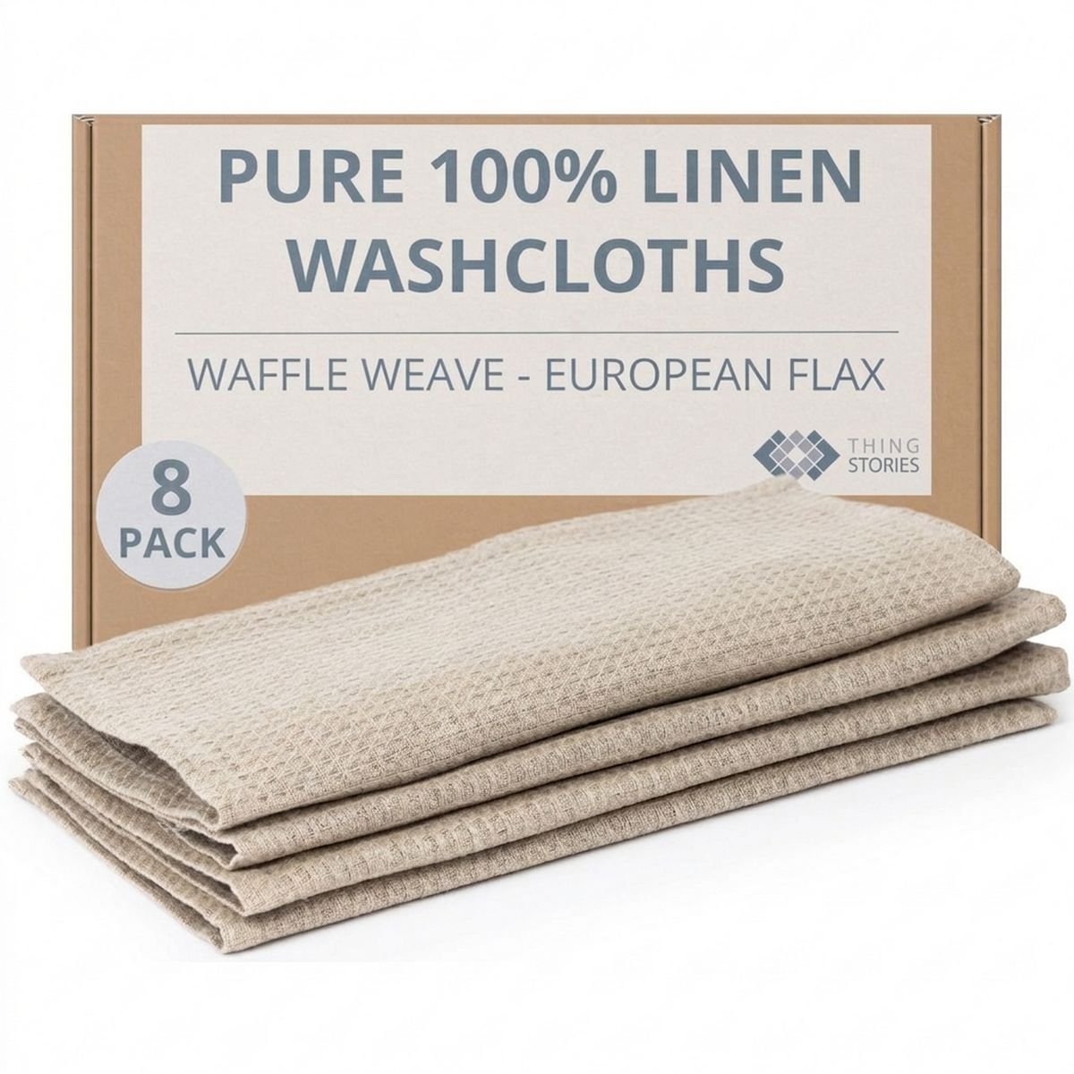 100% flax linen waffle weave washcloths 8-pack in natural color, OEKO-TEX certified, made in Lithuania